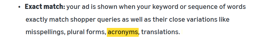 Amazon’s definition of exact match, with acronyms highlighted