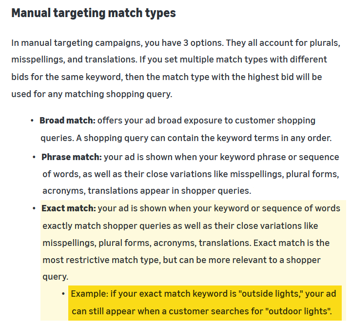 Amazon’s own definition of exact match, from the manual targeting match types section