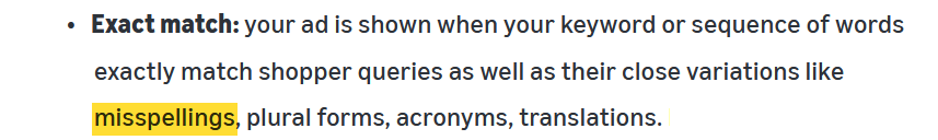 Amazon’s definition of exact match, with misspellings highlighted