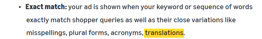 Amazon’s definition of exact match, with translations highlighted