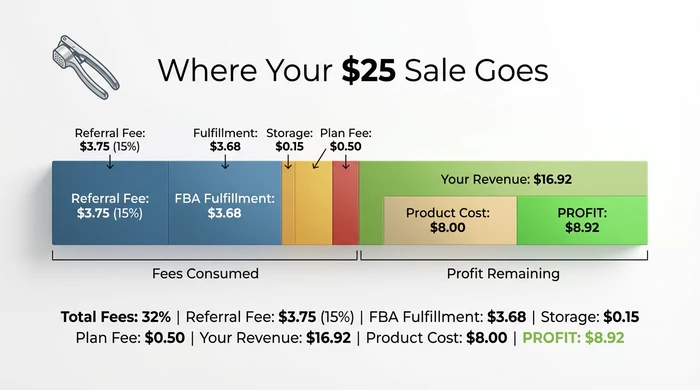 Infographic showing how a $25 Amazon sale breaks down into fees - referral fee $3.75, FBA fulfillment $3.68, storage $0.15, plan fee $0.50, leaving $16.92 revenue and $8.92 profit after $8 product cost, with total fees consuming 32% of sale price