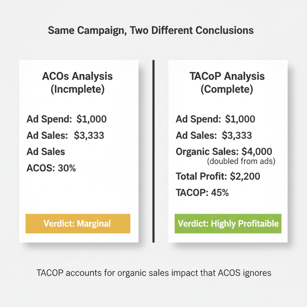 Split-screen comparison showing same Amazon advertising campaign analyzed with Advertising Cost of Sales showing 30% ACoS appearing marginal versus Total Advertising Cost of Profit analysis revealing 45% TACoP but highly profitable when organic sales doubled from $2,000 to $4,000 are included, demonstrating how ACoS ignores organic lift while TACoP accounts for total business impact