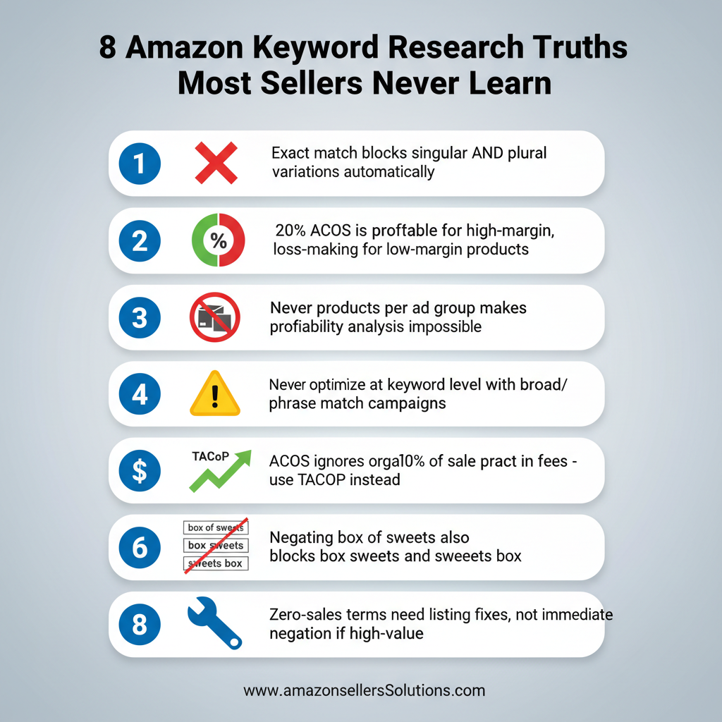 Infographic showing 8 critical Amazon keyword research truths including how exact match blocks plural variations, why 20% ACoS profitability varies by product margin, dangers of multiple products per ad group, keyword-level optimization risks with broad match, TACoP vs ACoS comparison, Amazon fee impact on profitability, stop word negation collateral damage, and zero-sales term diagnosis approach
