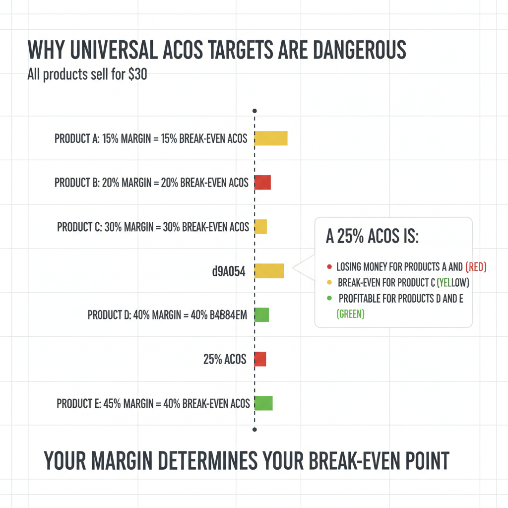 Bar chart showing five Amazon products all priced at $30 but with different margins from 15% to 45%, demonstrating how a universal 25% Advertising Cost of Sales target is losing money for low-margin products, break-even for 30% margin product, and profitable for high-margin products, proving break-even ACoS must be calculated individually based on product margin after Amazon fees