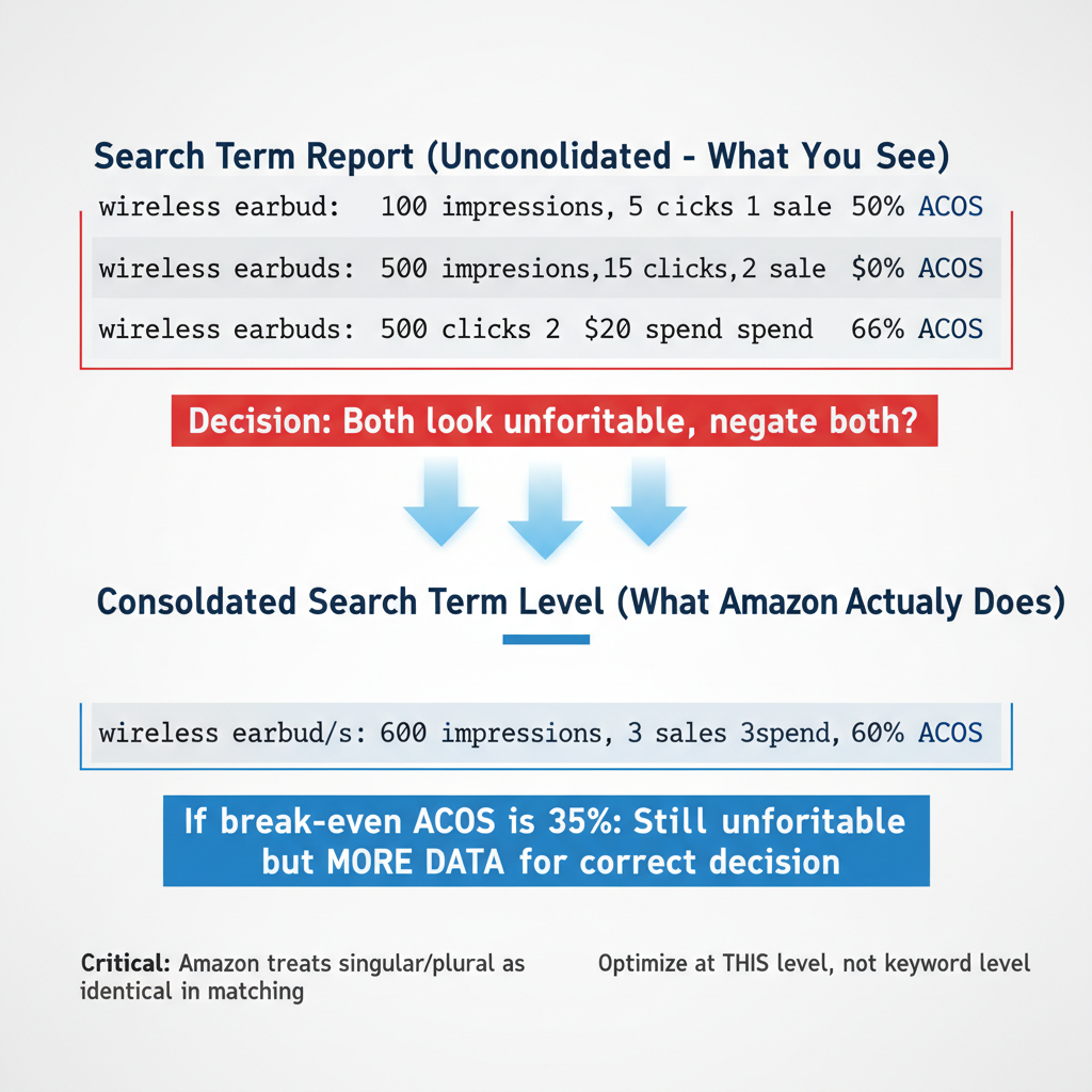 Two-tier comparison showing Amazon Search Term Report unconsolidated data with separate rows for 'wireless earbud' at 50% Advertising Cost of Sales and 'wireless earbuds' at 66% ACoS appearing unprofitable, versus Consolidated Search Term Level view combining both into single row with 600 total impressions, 20 clicks, 3 sales, 60% ACoS providing more accurate data for optimization decisions, demonstrating Amazon treats singular and plural as identical in matching behavior