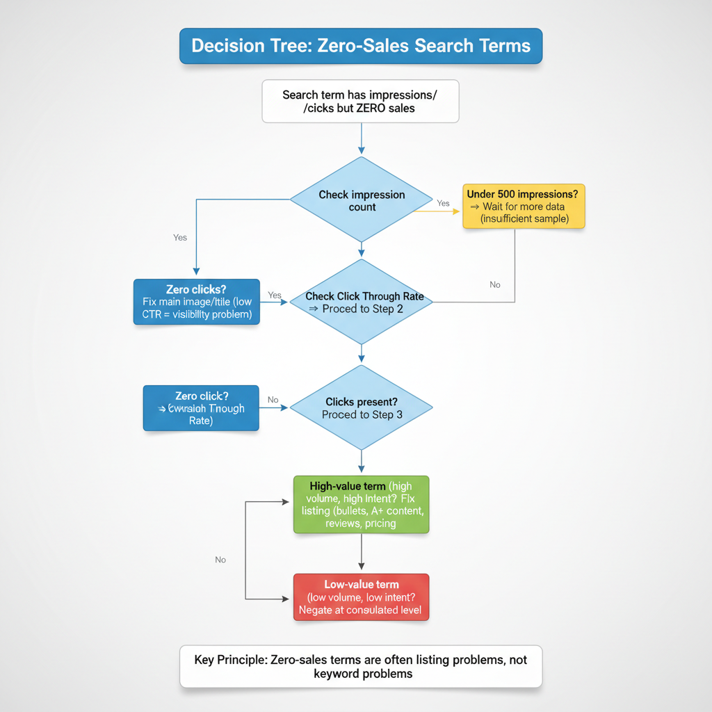 Vertical decision tree flowchart for diagnosing zero-sales search terms in Amazon advertising, starting with impression count check (under 500 wait for data, 500+ continue), then Click Through Rate assessment (zero clicks means fix main image and title for visibility, clicks present continue), then search term value evaluation (high-value terms need listing fixes like bullets, A+ content, reviews, low-value terms should be negated at Consolidated Search Term Level), emphasizing zero-sales are often listing problems not keyword problems