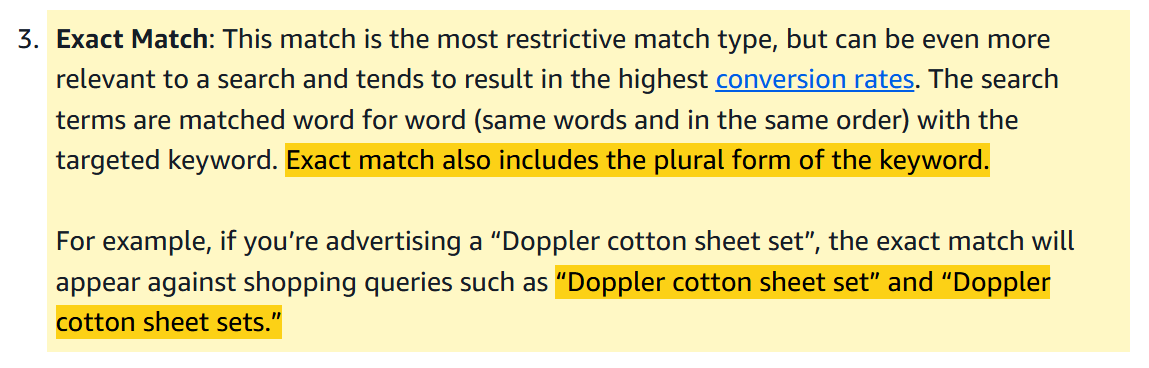 Amazon’s plural example in the Sponsored Products targeting guide