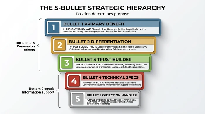 Inverted pyramid showing the strategic hierarchy of five Amazon bullet points