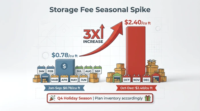 Bar chart visualization showing Amazon FBA storage fees tripling from $0.78 per cubic foot during January through September to $2.40 per cubic foot during the Q4 holiday season October through December