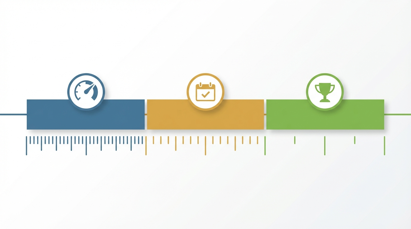 Timeline visualization showing weekly, monthly, and quarterly Amazon PPC review cadence with color-coded zones and varying marker density