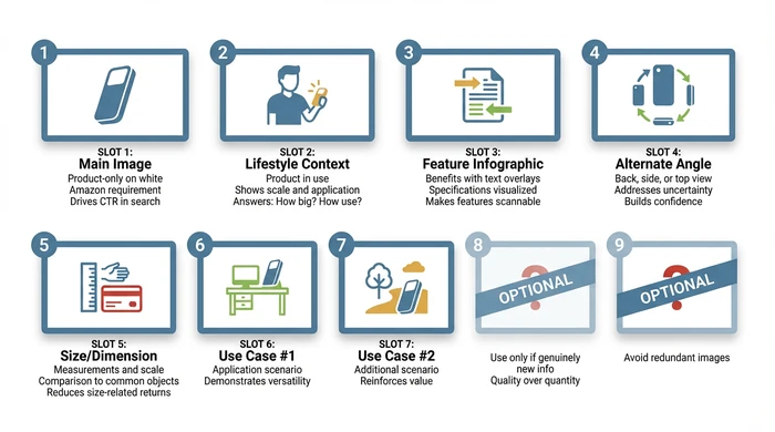 Strategic image slot allocation diagram showing Amazon's 9 available image slots with each labeled by purpose: slot 1 main product-only image drives CTR, slot 2 lifestyle shows scale and use, slot 3 infographic highlights features, slot 4 alternate angle builds confidence, slot 5 size diagram reduces returns, slots 6-7 demonstrate use cases, and slots 8-9 marked optional emphasizing quality over quantity