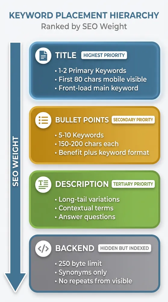 Vertical hierarchy diagram showing Amazon listing keyword placement priority: Title section at top with highest SEO weight for 1-2 primary keywords in first 80 characters, Bullet Points with secondary priority for 5-10 keywords, Description with tertiary priority for long-tail variations, and Backend search terms at bottom with 250-byte limit for synonyms not repeated elsewhere.