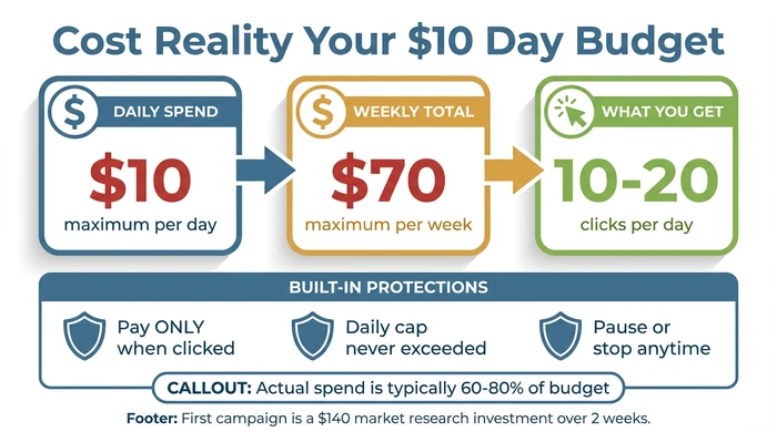 Cost breakdown infographic showing how a $10 daily Amazon PPC budget translates to $70 weekly maximum spend generating 10-20 clicks per day, with built-in protections including pay-only-per-click model, daily spending caps, and ability to pause anytime.