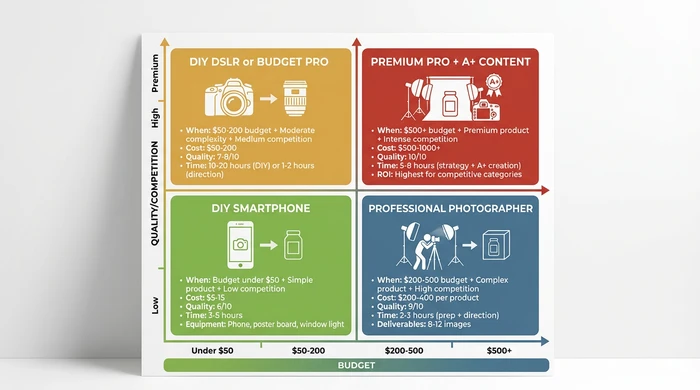 Budget-based decision matrix for Amazon product image creation showing four recommended approaches ascending from DIY smartphone photography (under $50 budget, simple products, 6/10 quality) through DIY DSLR and budget professional ($50-200, moderate products, 7-8/10 quality) and professional photographer ($200-500, complex products, 9/10 quality) to premium professional with A+ content ($500+, premium products, 10/10 quality), with cost, time investment, and ideal use cases labeled for each method