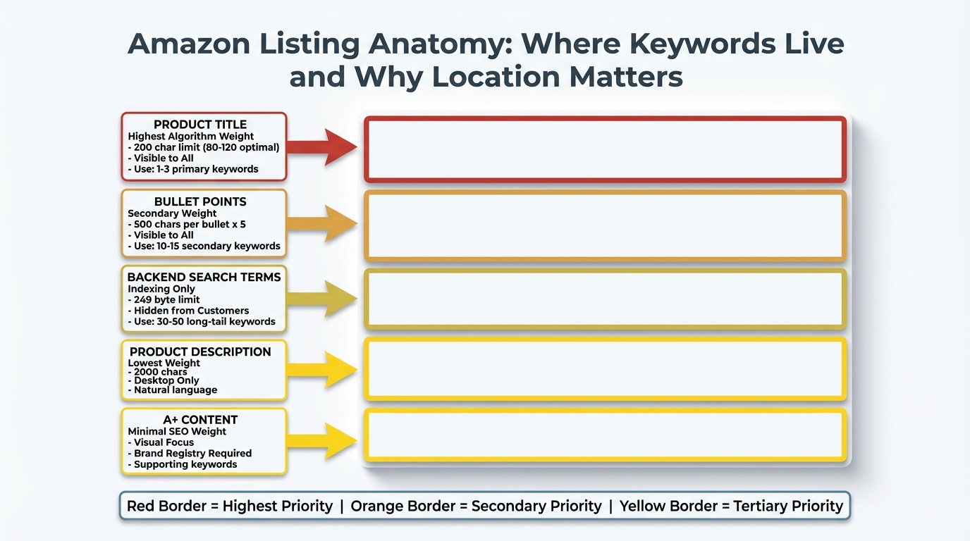 Annotated diagram of Amazon product listing showing five keyword placement zones with color-coded priority borders: product title has highest algorithm weight with 200 character limit, bullet points have secondary weight with 500 characters each, backend search terms have 249 byte limit for indexing only, product description has lowest weight with 2000 character limit, and A+ content requires Brand Registry with minimal SEO impact