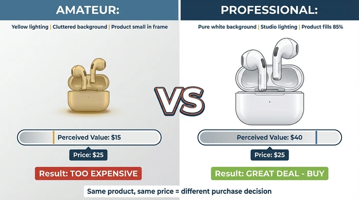 Split-screen comparison demonstrating perceived value psychology where same product photographed with amateur technique (poor lighting, cluttered background) creates $15 perceived value making $25 price seem expensive, while professional studio photography (white background, proper lighting) creates $40 perceived value making $25 price seem like great deal