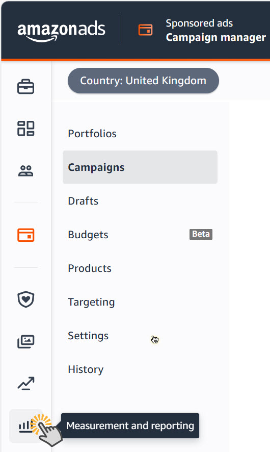 Amazon Ads campaign manager with Measurement and reporting selected
