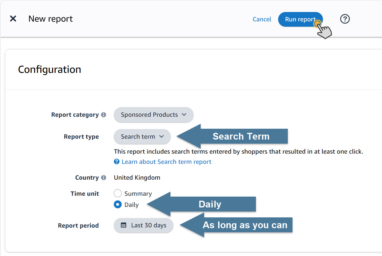 New report configuration set to Sponsored Products, Search term, Daily