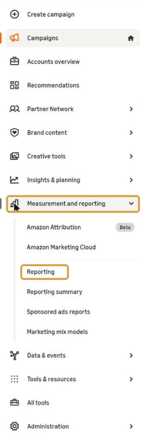 The Amazon Ads left menu with Measurement and reporting open and Reporting highlighted