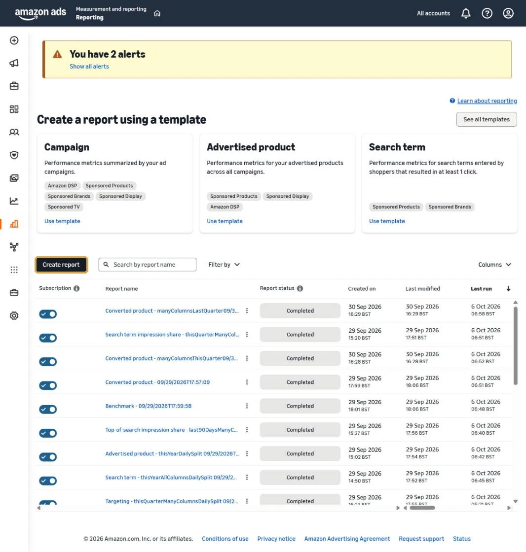The Amazon Ads Reporting page with the Create report button highlighted
