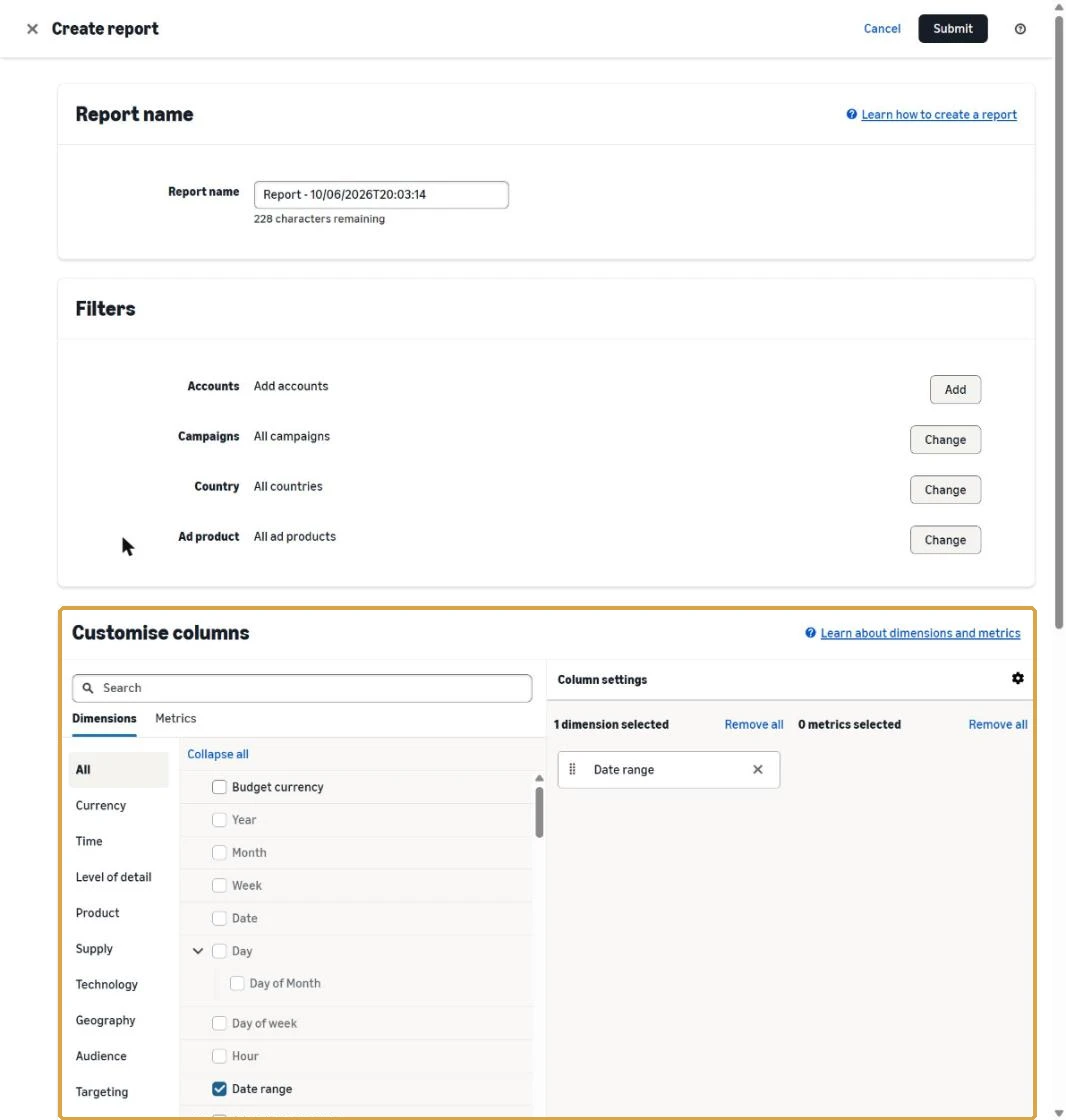 The Amazon Ads Create report page with the Customise columns box highlighted