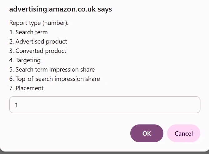 The prompt box that lists seven report types and asks for a number