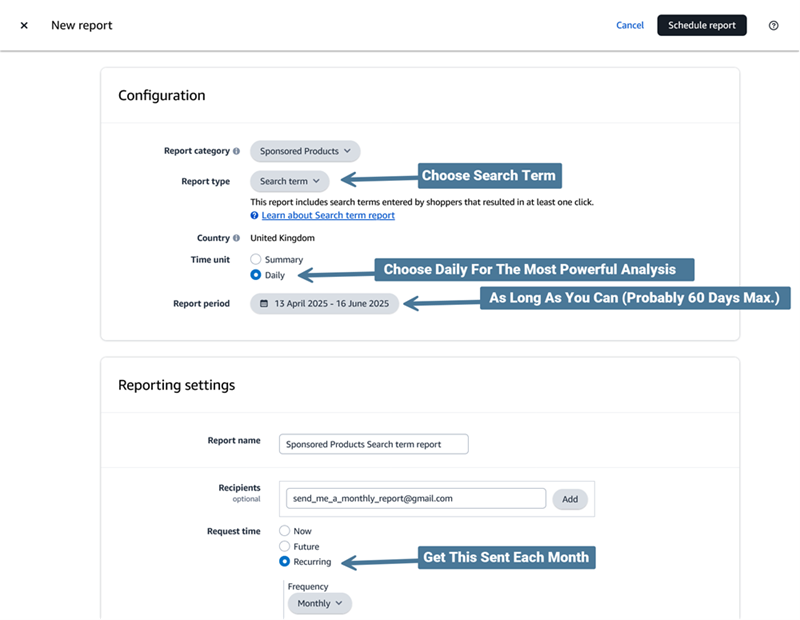Screenshot showing how to download Amazon Search Terms Report